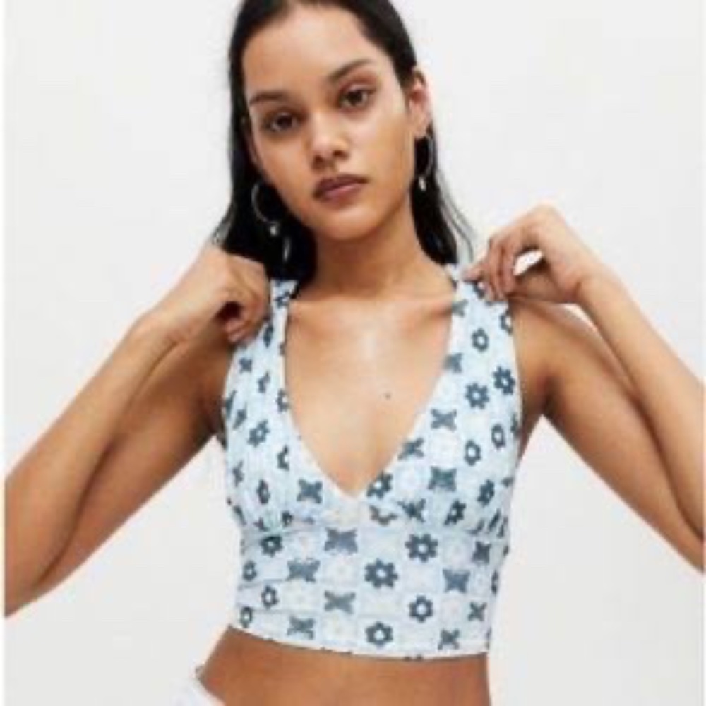 Urban Outfitters Blue and White Butterfly Wrap Crop Tank Top with Tie Back